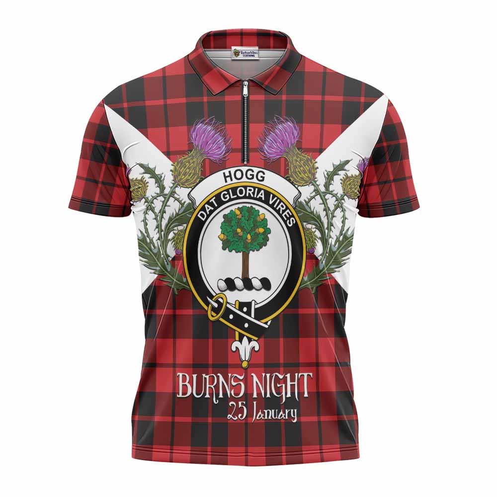 Hogg (Hog) Tartan Family Crest Zipper Polo Shirt Scottish Burns Night Thistle Floral