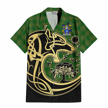 Tartan Vibes Clothing Holland Irish Tartan Short Sleeve Button Shirt with Coat of Arms Celtic Wolf Style