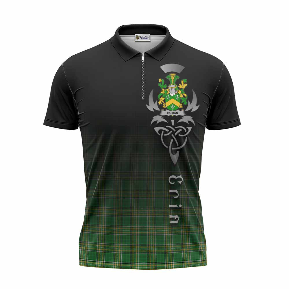 Tartan Vibes Clothing Homan Irish Clan Zipper Polo Shirt with Coat of Arms Erin Go Bragh Celtic Inspired