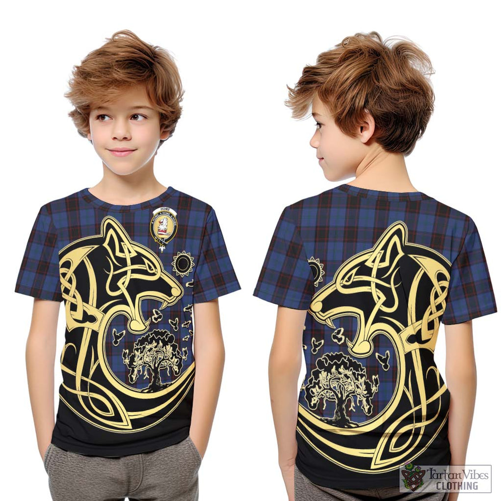 Home (Hume) Tartan Kid T-Shirt with Family Crest Celtic Wolf Style Youth XL Size14 - Tartan Vibes Clothing