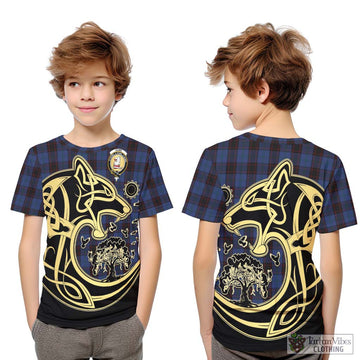 Home (Hume) Tartan Kid T-Shirt with Family Crest Celtic Wolf Style