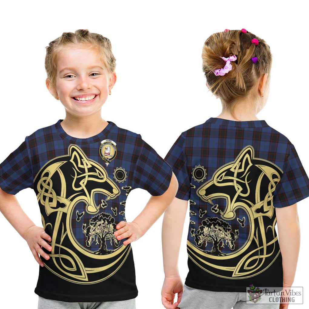 Home (Hume) Tartan Kid T-Shirt with Family Crest Celtic Wolf Style - Tartan Vibes Clothing