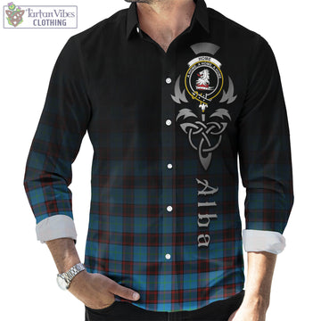 Home Ancient Tartan Long Sleeve Button Up Featuring Alba Gu Brath Family Crest Celtic Inspired
