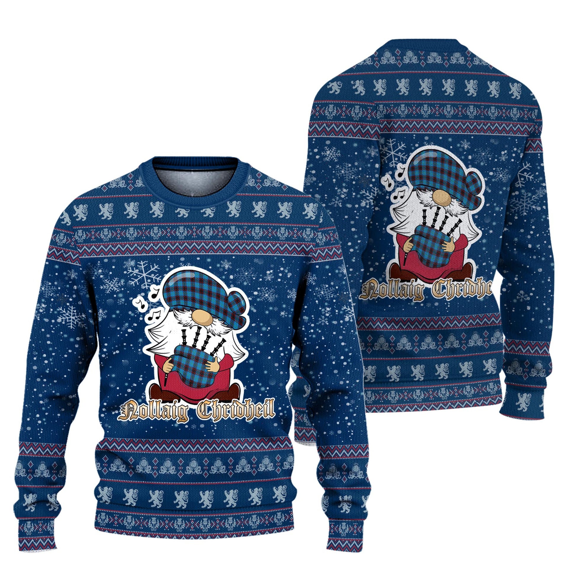 Home Ancient Clan Christmas Family Knitted Sweater with Funny Gnome Playing Bagpipes Unisex Blue - Tartanvibesclothing