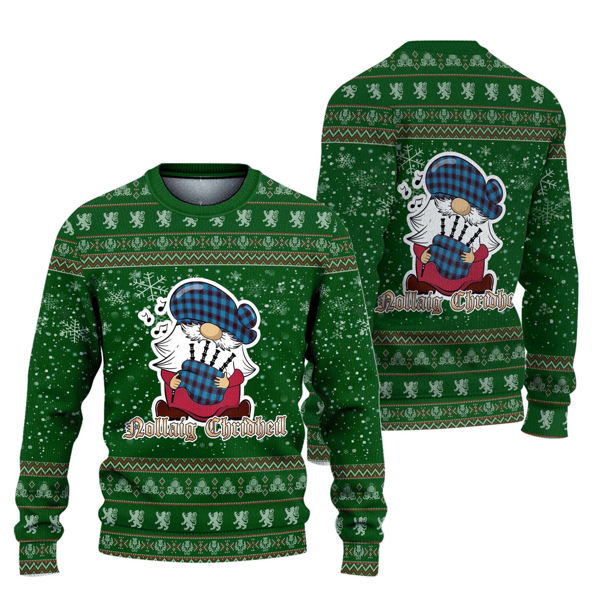 Home Ancient Clan Christmas Family Knitted Sweater with Funny Gnome Playing Bagpipes Unisex Green - Tartanvibesclothing