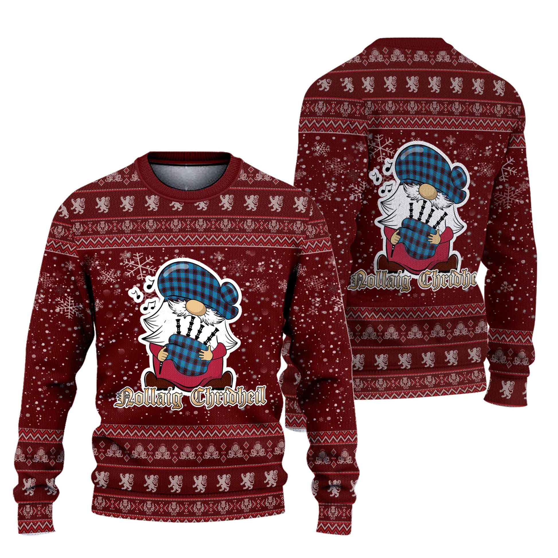 Home Ancient Clan Christmas Family Knitted Sweater with Funny Gnome Playing Bagpipes Unisex Red - Tartanvibesclothing