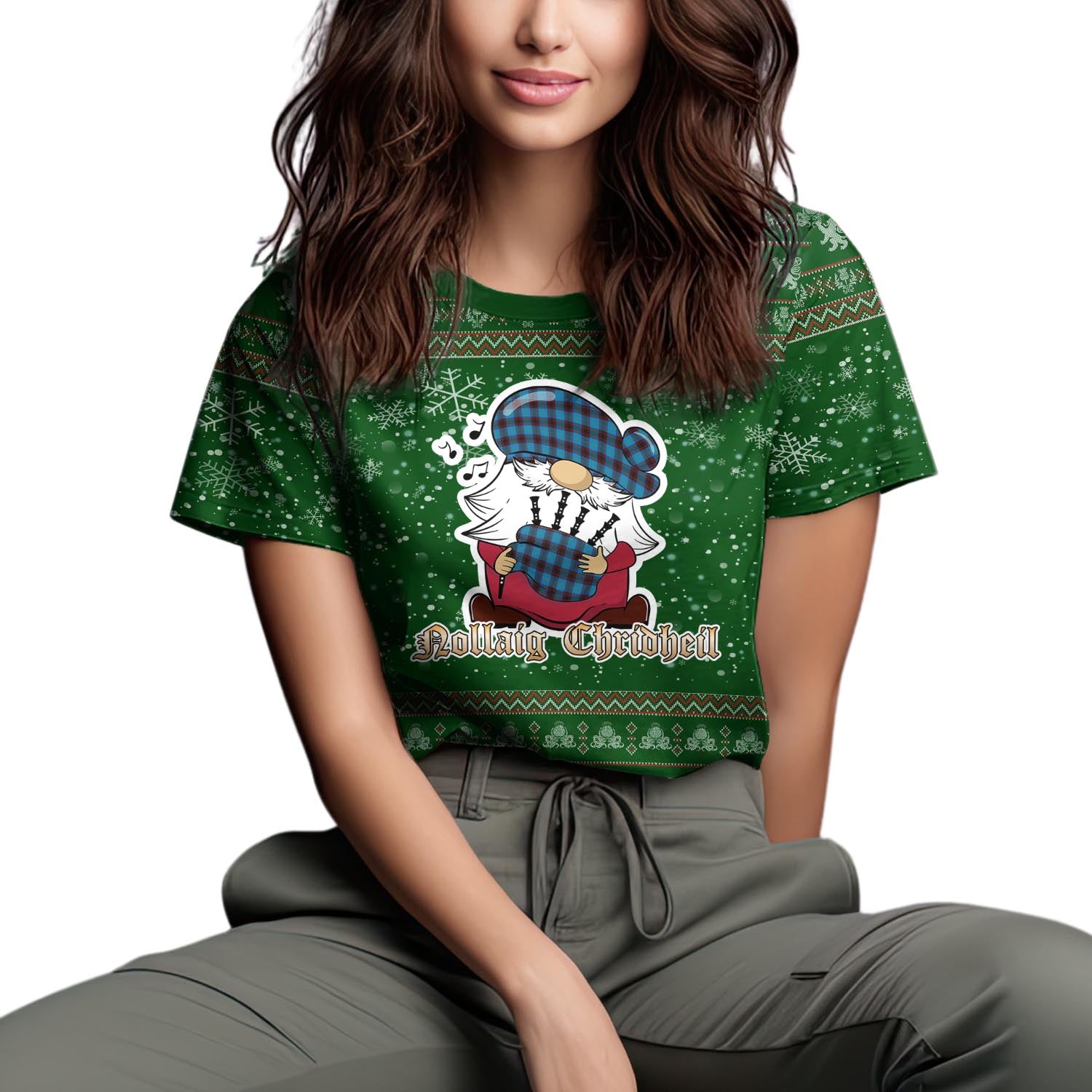 Home Ancient Clan Christmas Family T-Shirt with Funny Gnome Playing Bagpipes Women's Shirt Green - Tartanvibesclothing