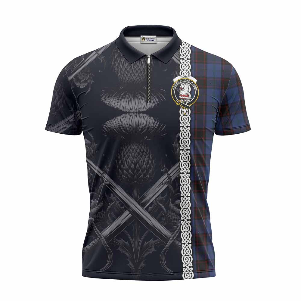Tartan Vibes Clothing Home (Hume) Tartan Zipper Polo Shirt with Family Crest Cross Sword Thistle Celtic Vibes