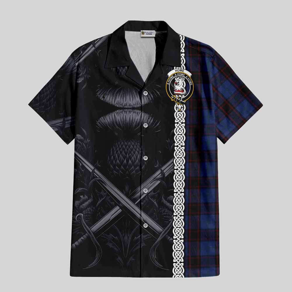 Tartan Vibes Clothing Home (Hume) Tartan Short Sleeve Button Shirt with Family Crest Cross Sword Thistle Celtic Vibes