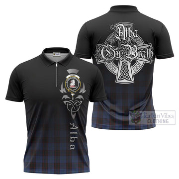 Tartan Vibes Clothing Home (Hume) Tartan Zipper Polo Shirt Featuring Alba Gu Brath Family Crest Celtic Inspired
