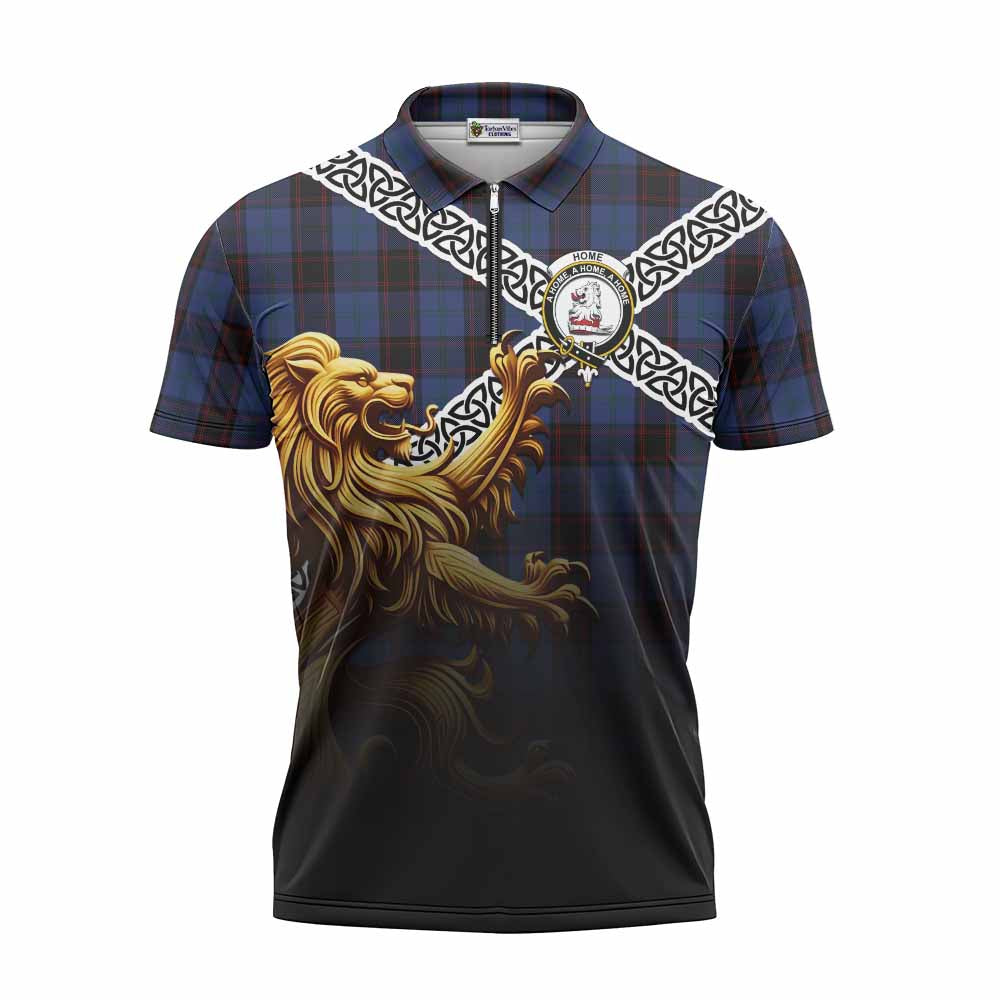 Tartan Vibes Clothing Home (Hume) Crest Tartan Zipper Polo Shirt with Golden Lion Emblem Celtic Style