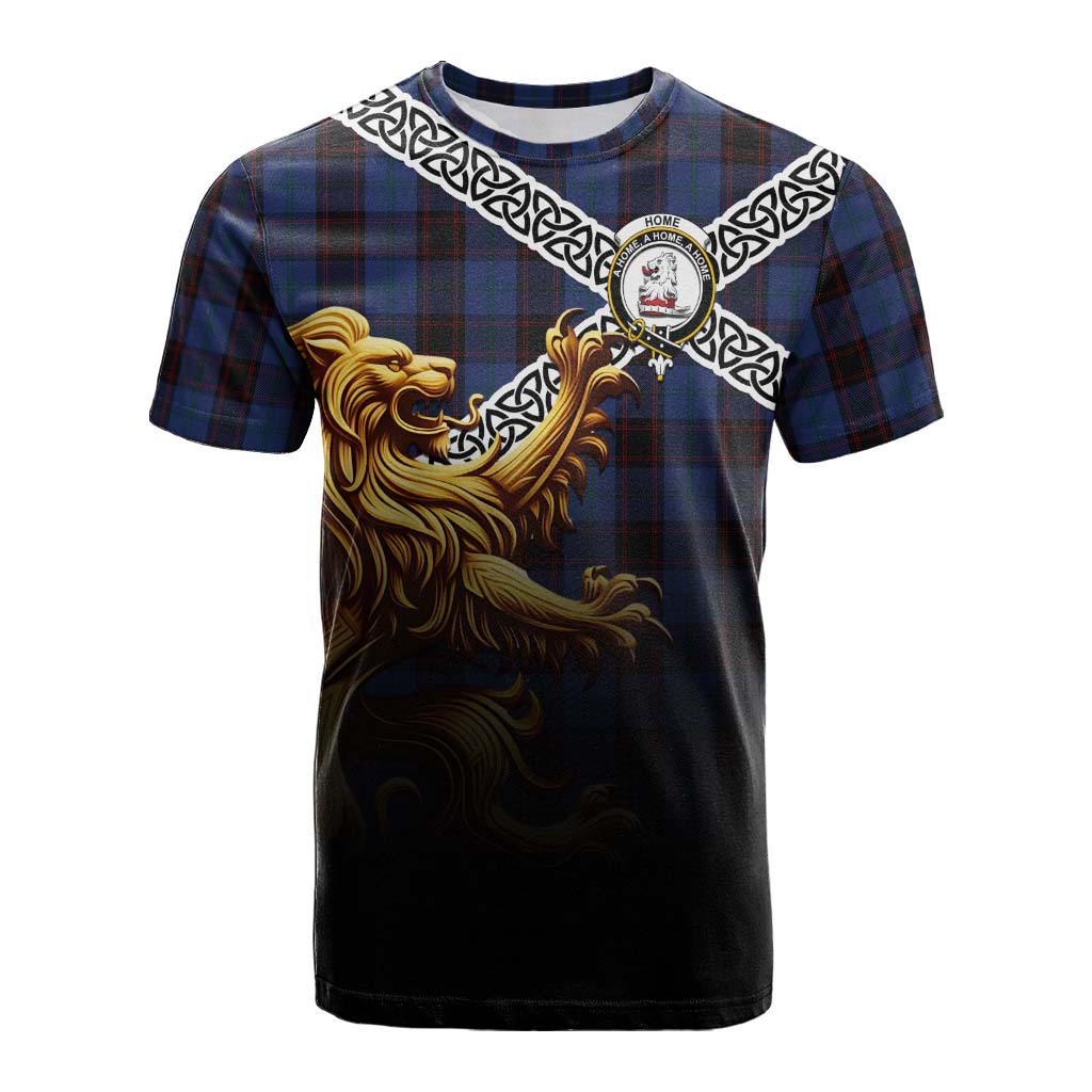 Tartan Vibes Clothing Home (Hume) Crest Tartan Cotton T-shirt with Golden Lion Emblem Celtic Style