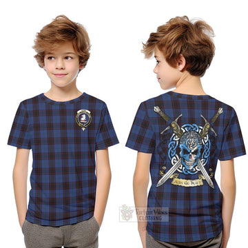 Tartan Vibes Clothing Home (Hume) Tartan Kid T-Shirt with Family Crest Celtic Skull Style