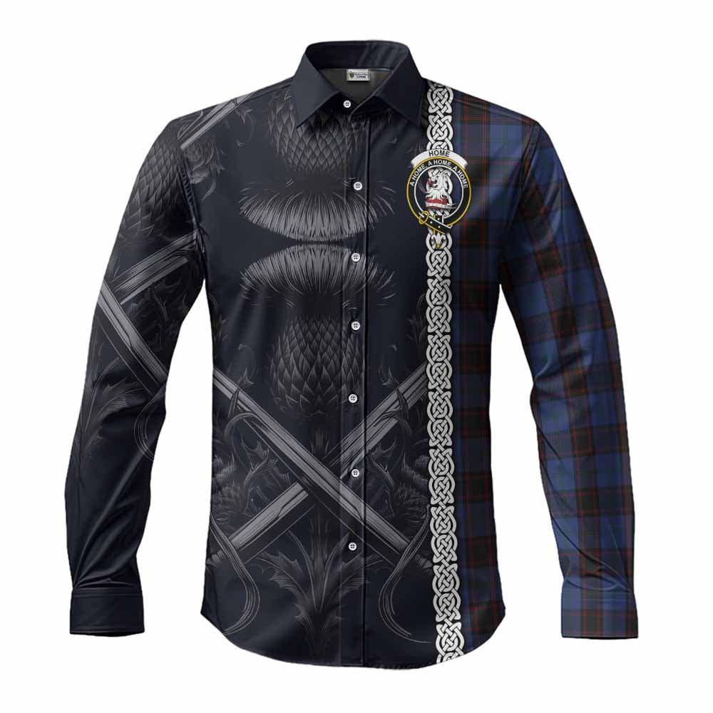 Tartan Vibes Clothing Home (Hume) Tartan Long Sleeve Button Shirt with Family Crest Cross Sword Thistle Celtic Vibes