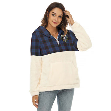 Home (Hume) Tartan Women's Borg Fleece Hoodie With Half Zip with Family Crest Female - Tartan Vibes Clothing