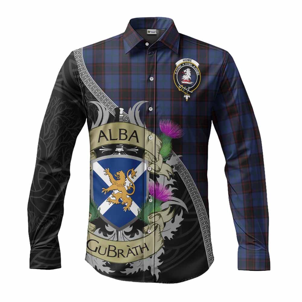 Tartan Vibes Clothing Home (Hume) Tartan Family Crest Long Sleeve Button Shirt Lion Rampant Royal Thistle Shield Celtic Inspired