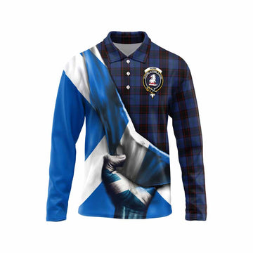 Tartan Vibes Clothing Home (Hume) Tartan Long Sleeve Polo Shirt with Family Crest Scotland Patriotic Style