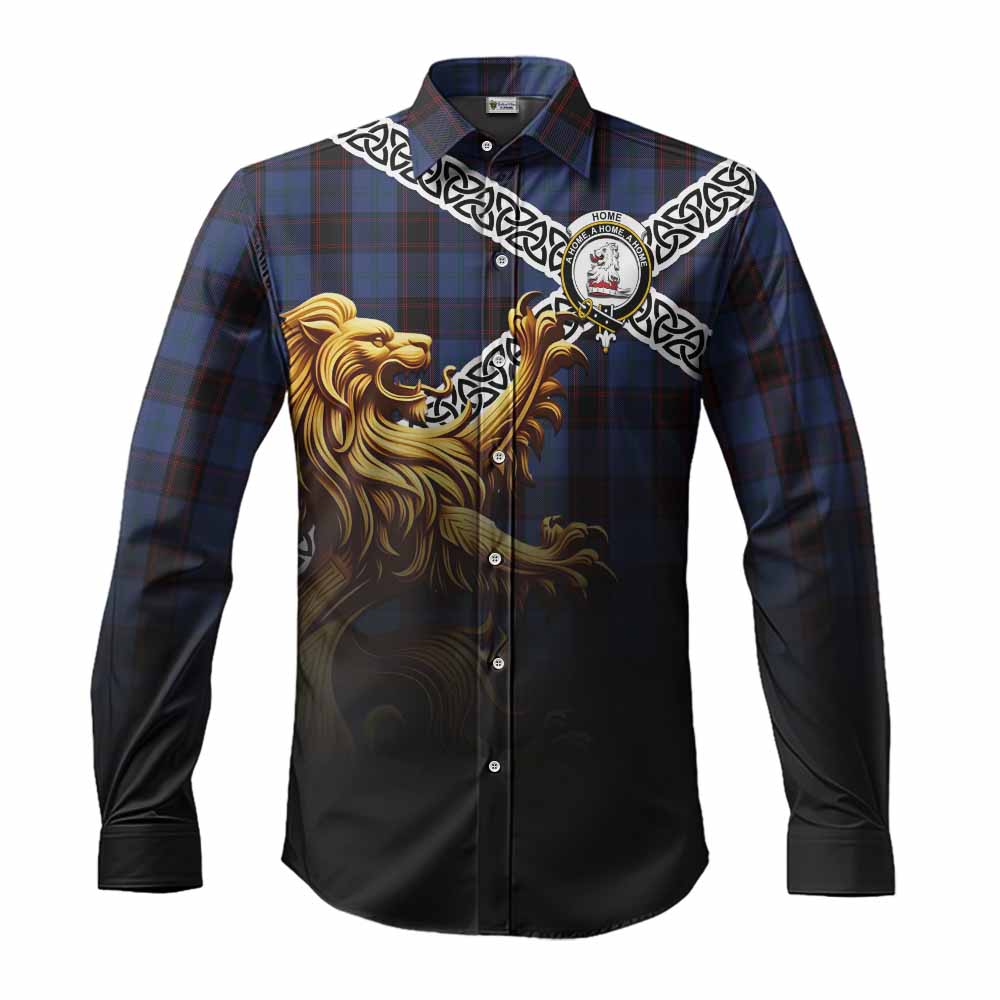 Tartan Vibes Clothing Home (Hume) Crest Tartan Long Sleeve Button Shirt with Golden Lion Emblem Celtic Style