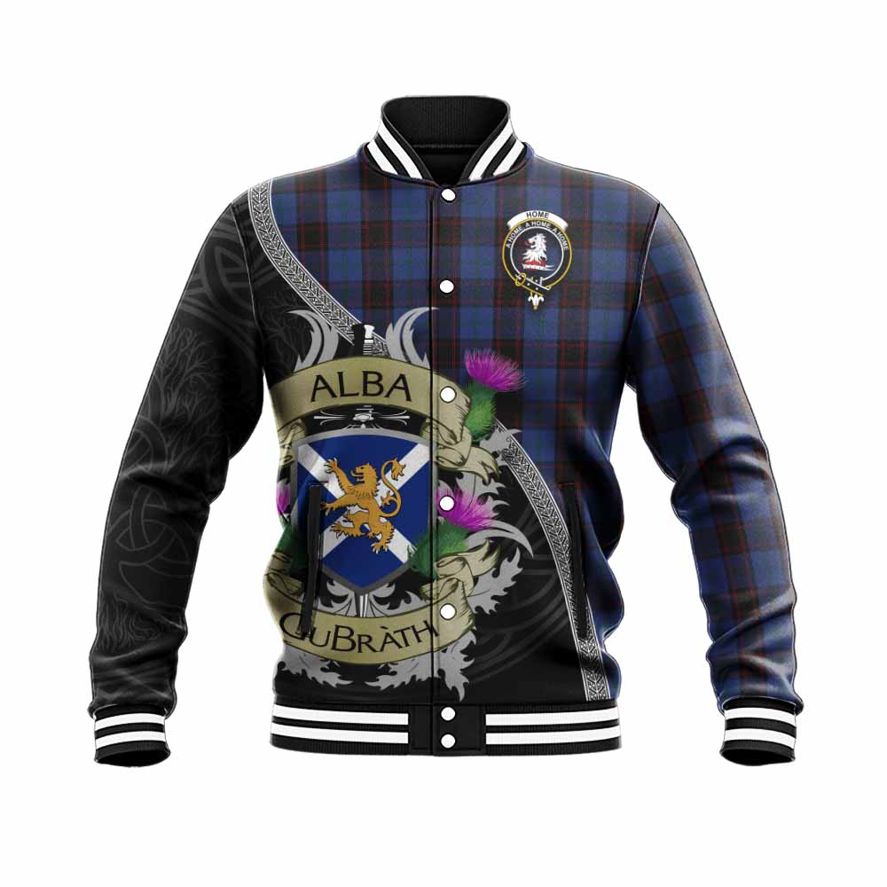 Tartan Vibes Clothing Home (Hume) Tartan Family Crest Baseball Jacket Lion Rampant Royal Thistle Shield Celtic Inspired