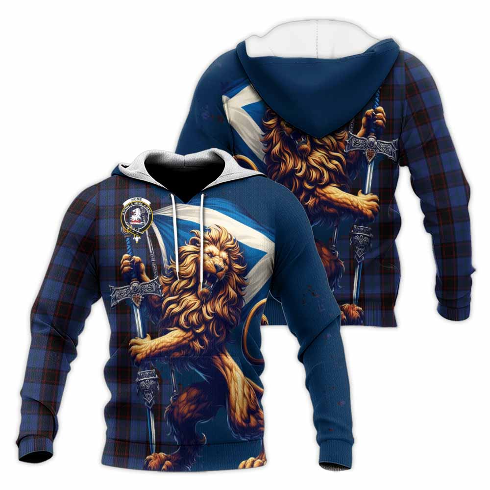 Tartan Vibes Clothing Home (Hume) Tartan Family Crest Knitted Hoodie with Scottish Majestic Lion