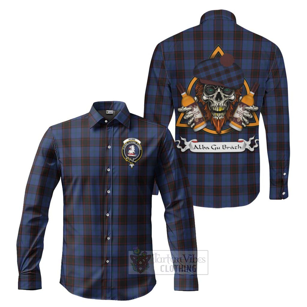 Tartan Vibes Clothing Home (Hume) Tartan Long Sleeve Button Shirt with Family Crest and Bearded Skull Holding Bottles of Whiskey