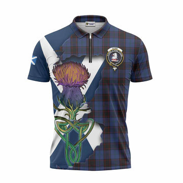 Home (Hume) Tartan Family Crest Zipper Polo Shirt Scottish Thistle Celtic Inspired