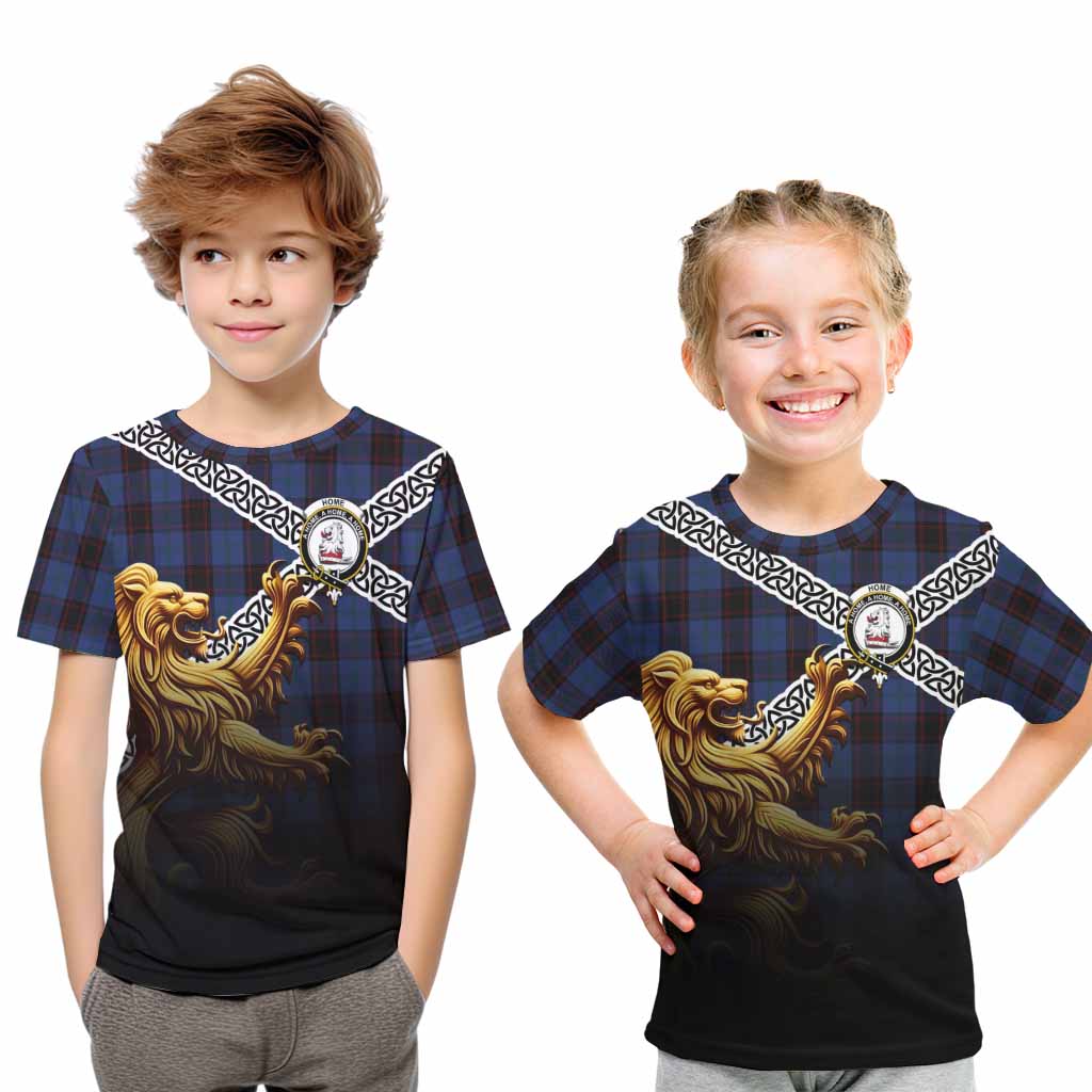 Tartan Vibes Clothing Home (Hume) Crest Tartan Kid T-Shirt with Golden Lion Emblem Celtic Style
