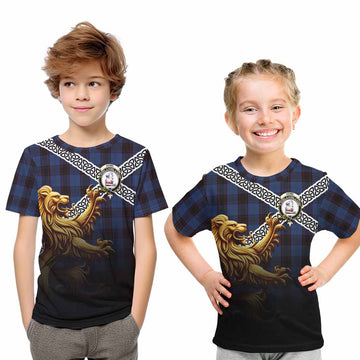 Tartan Vibes Clothing Home (Hume) Crest Tartan Kid T-Shirt with Golden Lion Emblem Celtic Style