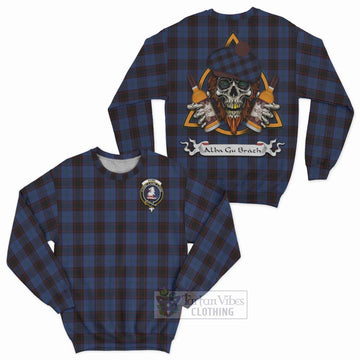 Tartan Vibes Clothing Home (Hume) Tartan Sweatshirt with Family Crest and Bearded Skull Holding Bottles of Whiskey