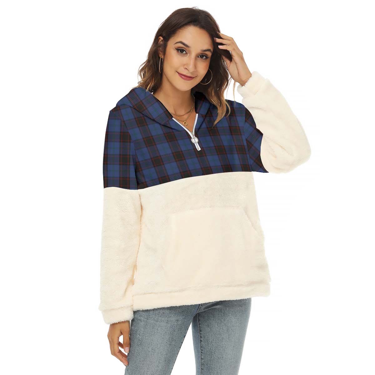 Home (Hume) Tartan Women's Borg Fleece Hoodie With Half Zip Female - Tartan Vibes Clothing