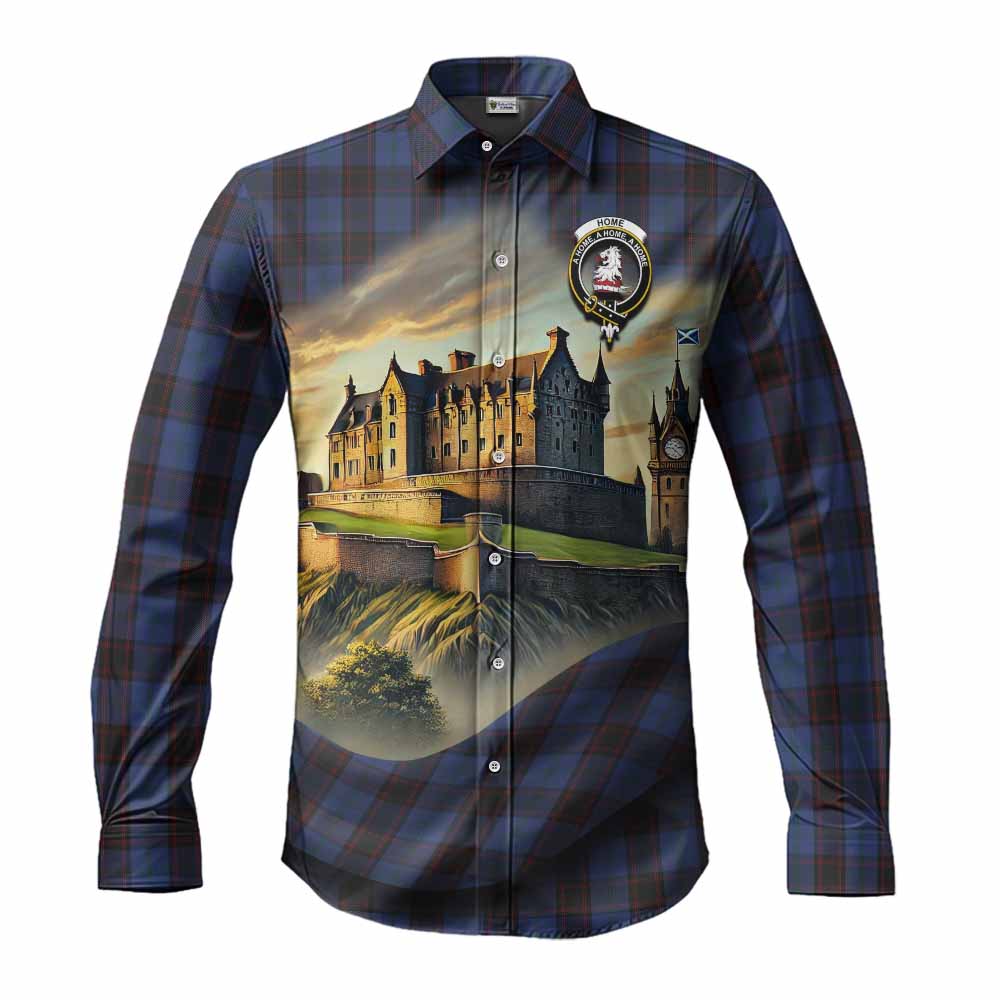 Home (Hume) Tartan Family Crest Long Sleeve Button Shirt with Scottish Ancient Castle Style Men's Shirt S - Tartan Vibes Clothing