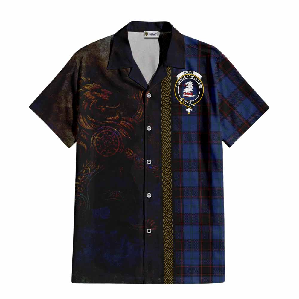 Tartan Vibes Clothing Home (Hume) Tartan Family Crest Short Sleeve Button Shirt Alba Gu Brath Be Brave Lion Ancient Style