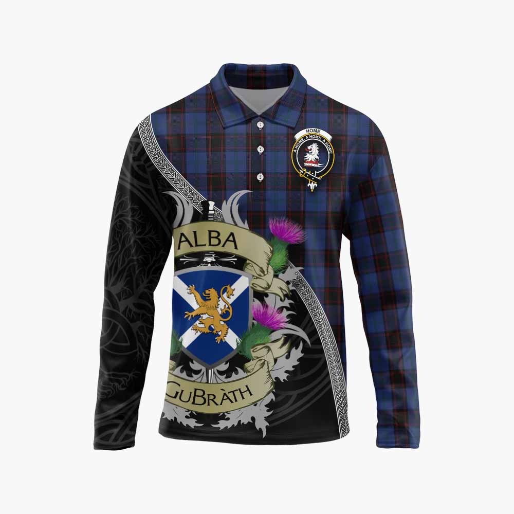 Tartan Vibes Clothing Home (Hume) Tartan Family Crest Long Sleeve Polo Shirt Lion Rampant Royal Thistle Shield Celtic Inspired