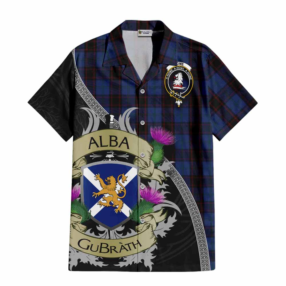 Tartan Vibes Clothing Home (Hume) Tartan Family Crest Short Sleeve Button Shirt Lion Rampant Royal Thistle Shield Celtic Inspired