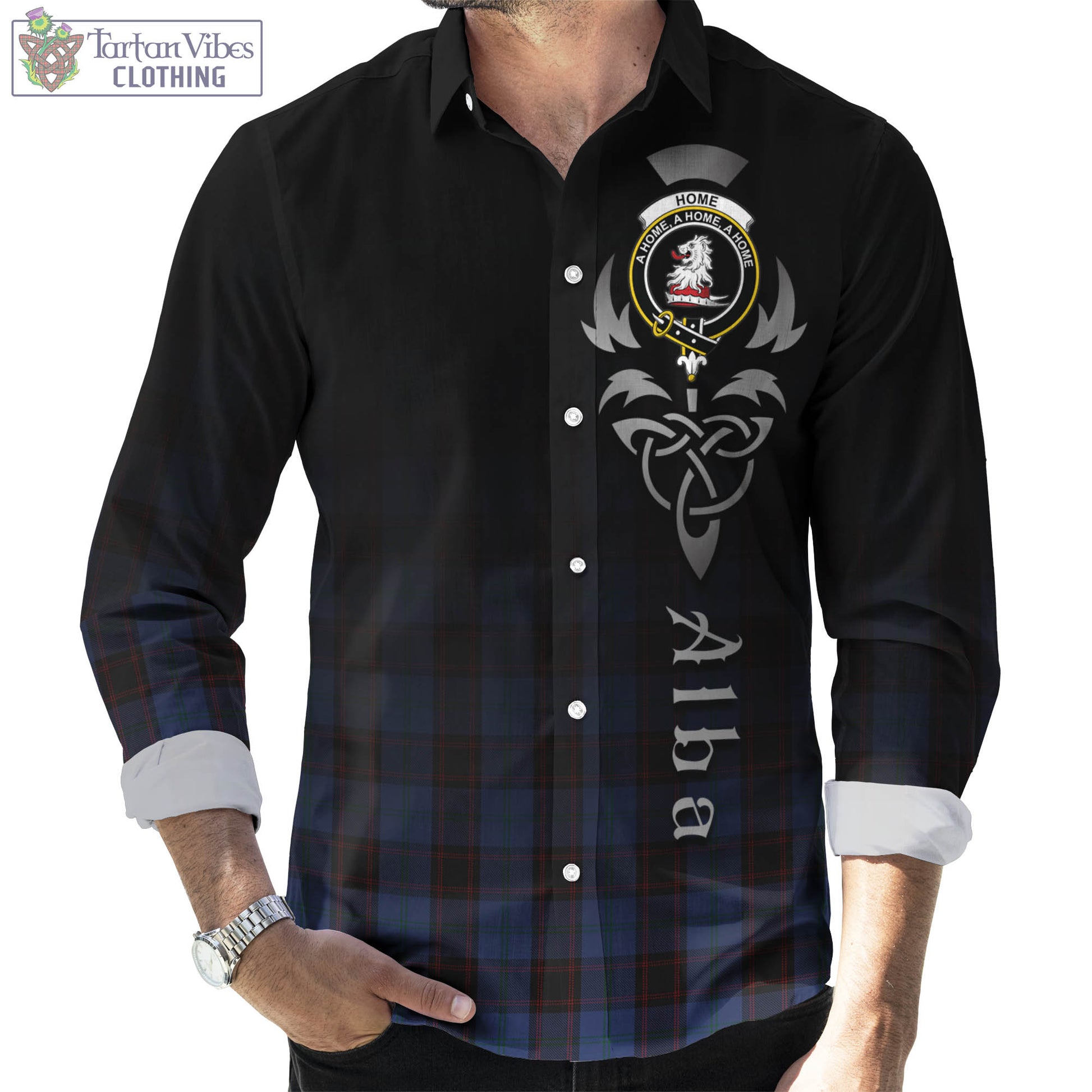 Tartan Vibes Clothing Home (Hume) Tartan Long Sleeve Button Up Featuring Alba Gu Brath Family Crest Celtic Inspired