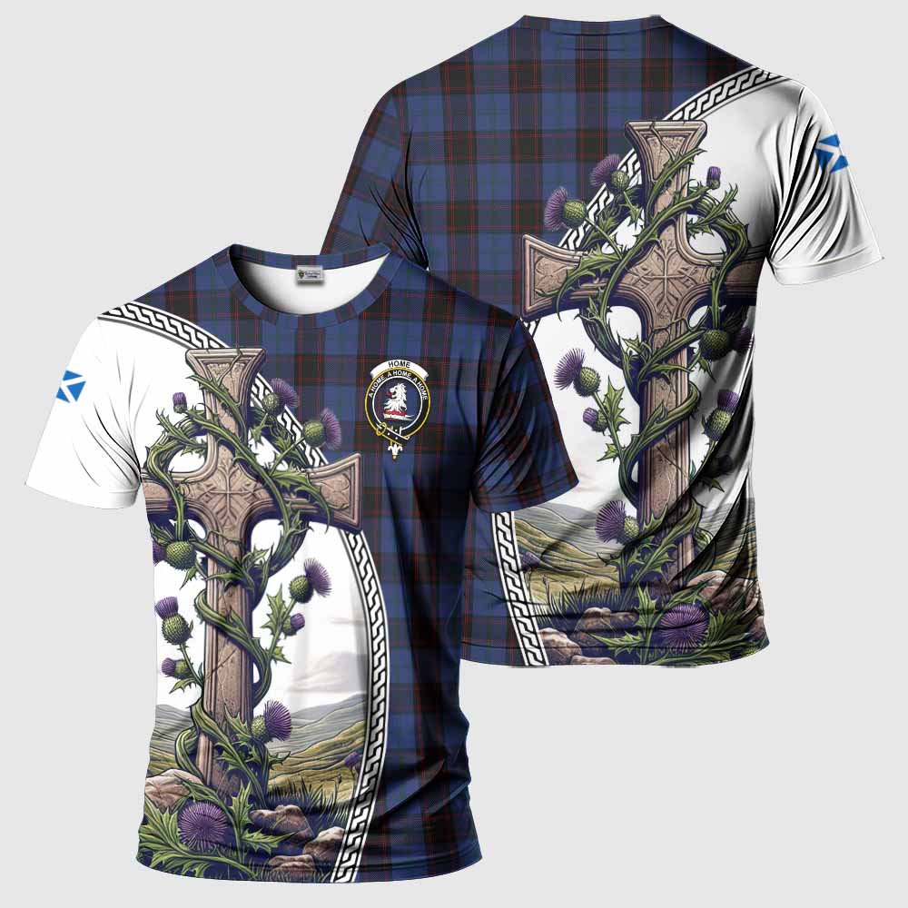 Tartan Vibes Clothing Home (Hume) Agnew Tartan T-Shirt with Family Crest and St. Andrew's Cross Accented by Thistle Vines