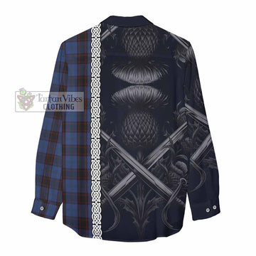 Tartan Vibes Clothing Home (Hume) Tartan Women's Casual Shirt with Family Crest Cross Sword Thistle Celtic Vibes