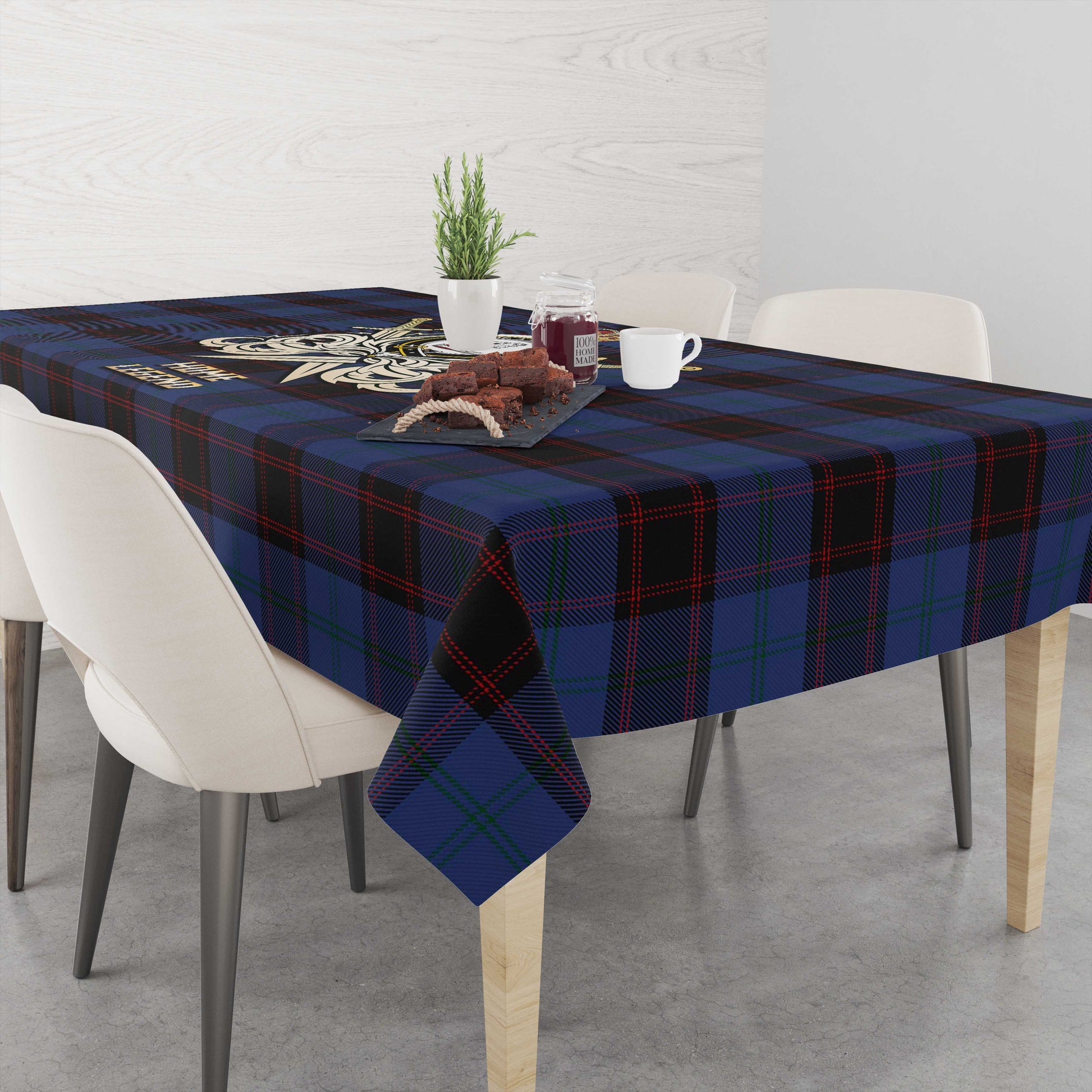 Tartan Vibes Clothing Home (Hume) Tartan Tablecloth with Clan Crest and the Golden Sword of Courageous Legacy