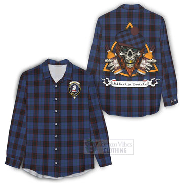 Tartan Vibes Clothing Home (Hume) Tartan Women's Casual Shirt with Family Crest and Bearded Skull Holding Bottles of Whiskey