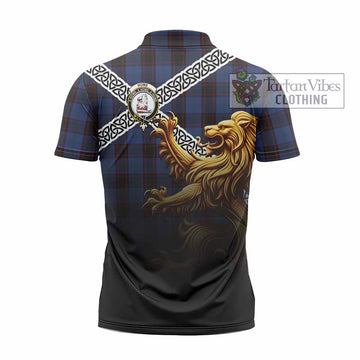 Home (Hume) Crest Tartan Zipper Polo Shirt with Golden Lion Emblem Celtic Style