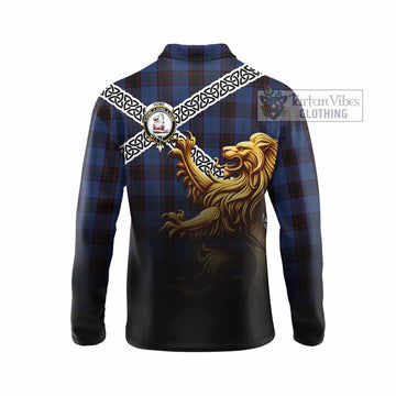 Tartan Vibes Clothing Home (Hume) Crest Tartan Long Sleeve Polo Shirt with Golden Lion Emblem Celtic Style