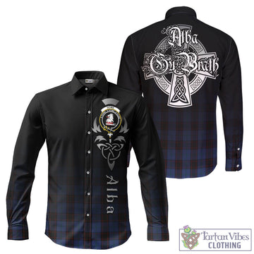Home (Hume) Tartan Long Sleeve Button Up Featuring Alba Gu Brath Family Crest Celtic Inspired