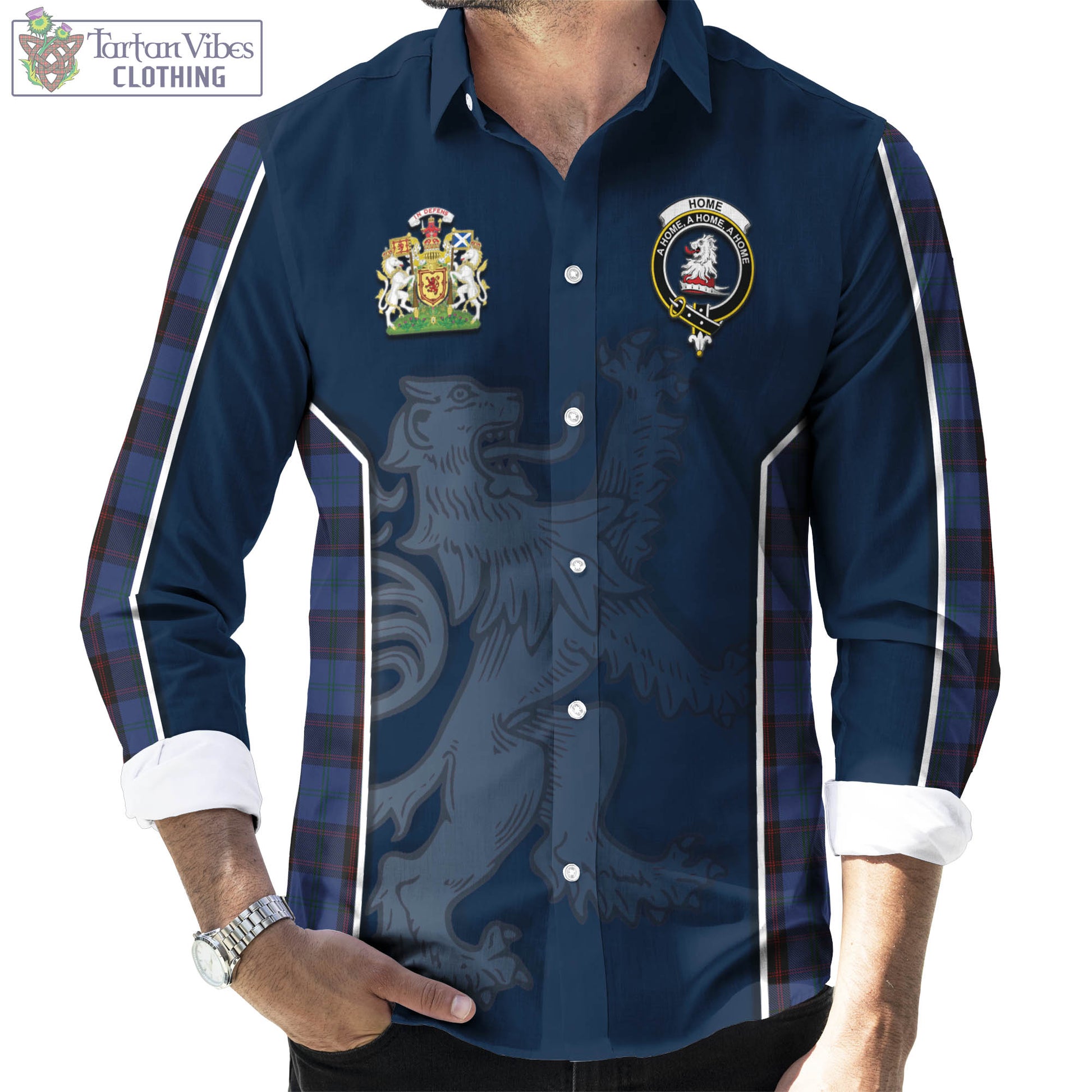 Tartan Vibes Clothing Home (Hume) Tartan Long Sleeve Button Up Shirt with Family Crest and Lion Rampant Vibes Sport Style