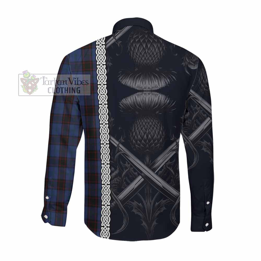 Tartan Vibes Clothing Home (Hume) Tartan Long Sleeve Button Shirt with Family Crest Cross Sword Thistle Celtic Vibes