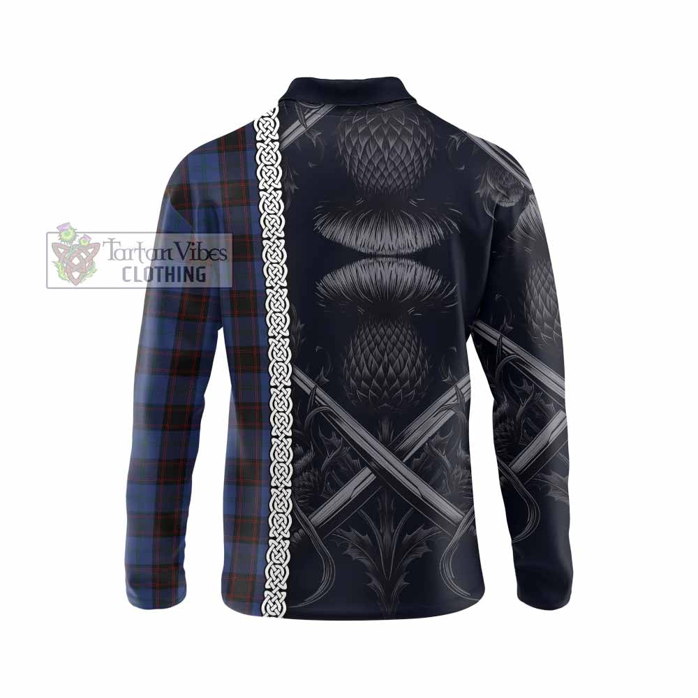 Tartan Vibes Clothing Home (Hume) Tartan Long Sleeve Polo Shirt with Family Crest Cross Sword Thistle Celtic Vibes