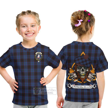 Tartan Vibes Clothing Home (Hume) Tartan Kid T-Shirt with Family Crest and Bearded Skull Holding Bottles of Whiskey