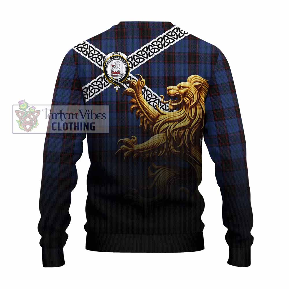 Tartan Vibes Clothing Home (Hume) Crest Tartan Knitted Sweater with Golden Lion Emblem Celtic Style