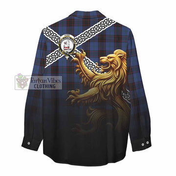 Tartan Vibes Clothing Home (Hume) Crest Tartan Women's Casual Shirt with Golden Lion Emblem Celtic Style