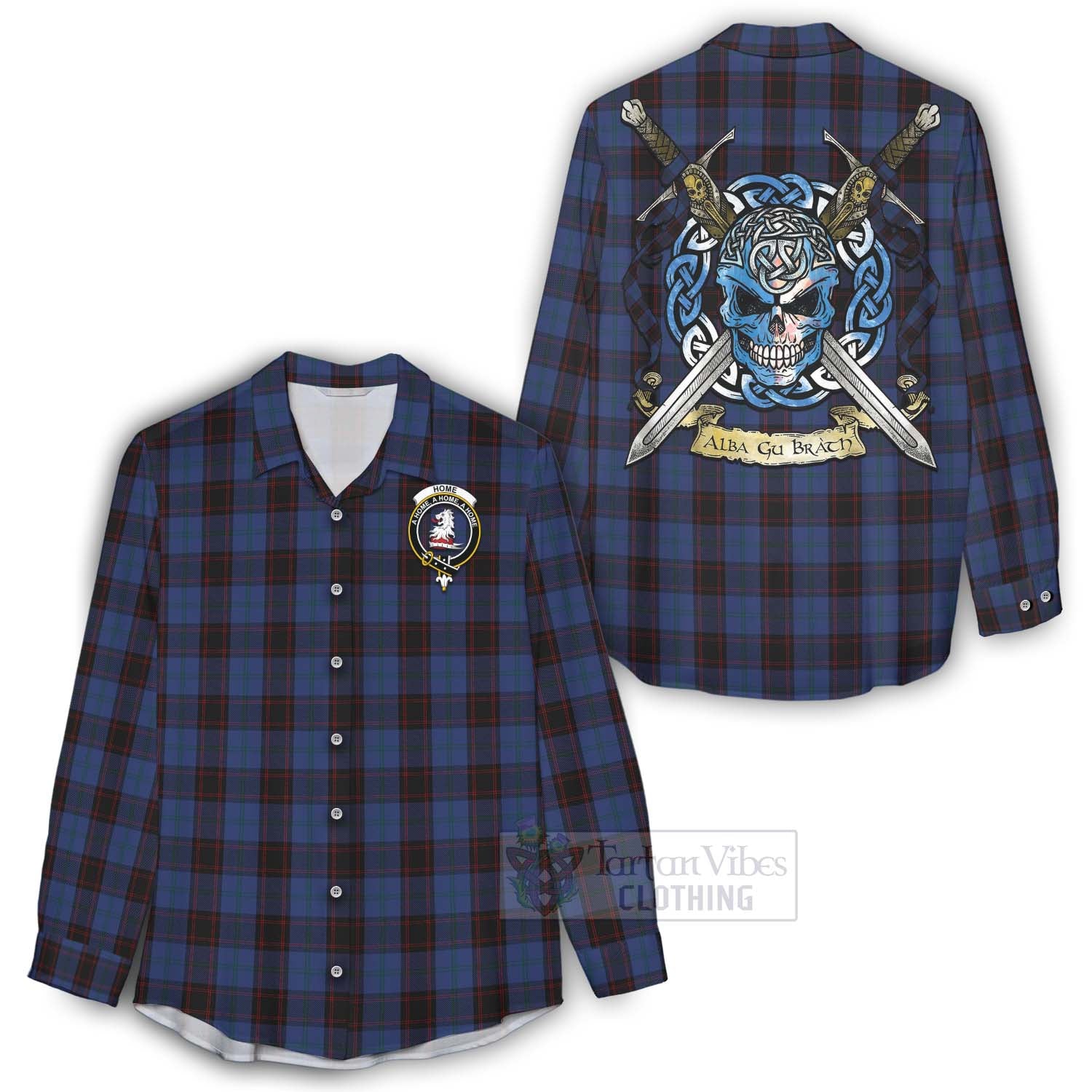 Tartan Vibes Clothing Home (Hume) Tartan Women's Casual Shirt with Family Crest Celtic Skull Style
