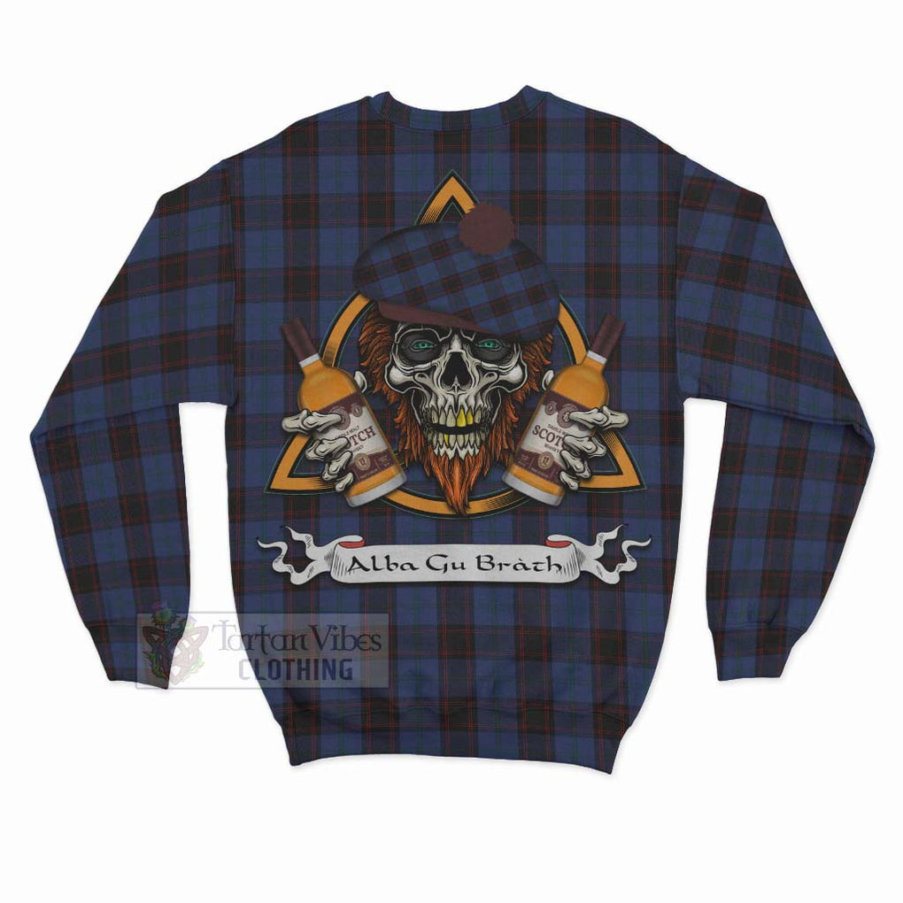 Tartan Vibes Clothing Home (Hume) Tartan Sweatshirt with Family Crest and Bearded Skull Holding Bottles of Whiskey